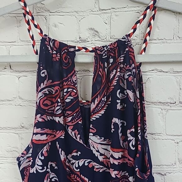 Spense Strappy Cami Navy Red Tank Sleeveless Braided Neck Mesh Blouse Shell Top - Picture 11 of 14